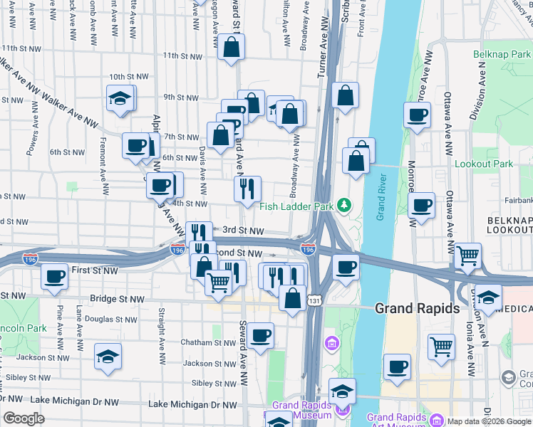 map of restaurants, bars, coffee shops, grocery stores, and more near 555 4th Street Northwest in Grand Rapids
