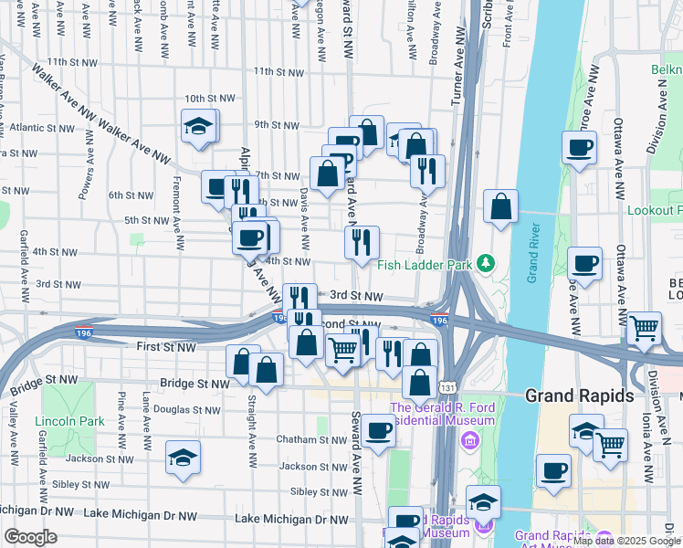 map of restaurants, bars, coffee shops, grocery stores, and more near 601 4th Street Northwest in Grand Rapids