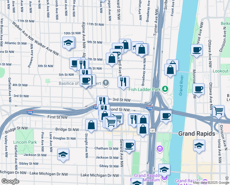 map of restaurants, bars, coffee shops, grocery stores, and more near 601 4th Street Northwest in Grand Rapids