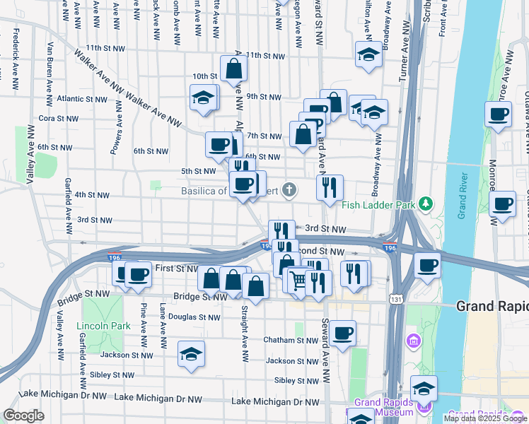 map of restaurants, bars, coffee shops, grocery stores, and more near 720 4th Street Northwest in Grand Rapids