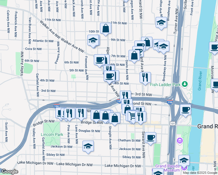 map of restaurants, bars, coffee shops, grocery stores, and more near in Grand Rapids