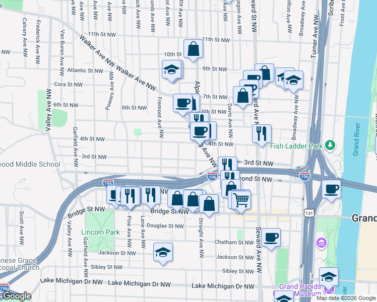 map of restaurants, bars, coffee shops, grocery stores, and more near 834 4th Street Northwest in Grand Rapids
