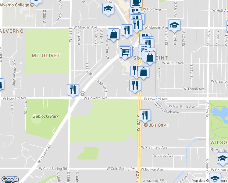 map of restaurants, bars, coffee shops, grocery stores, and more near 3000 West Howard Avenue in Milwaukee