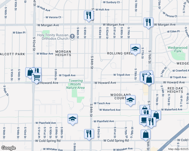 map of restaurants, bars, coffee shops, grocery stores, and more near 3817 South 83rd Street in Milwaukee
