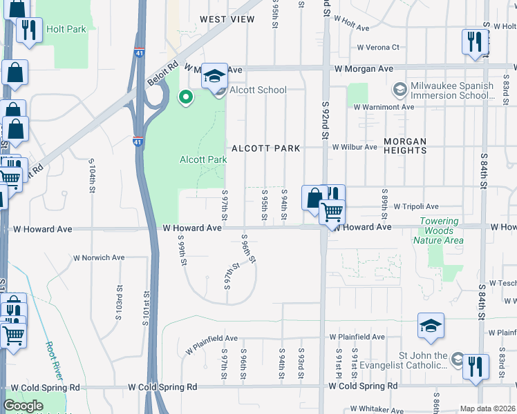 map of restaurants, bars, coffee shops, grocery stores, and more near 3816 South 96th Street in Milwaukee