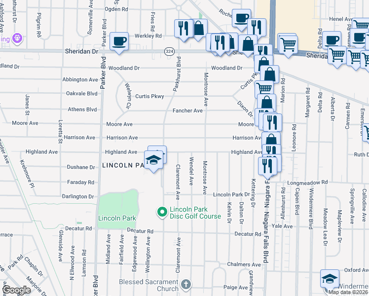 map of restaurants, bars, coffee shops, grocery stores, and more near 599 Harrison Avenue in Buffalo