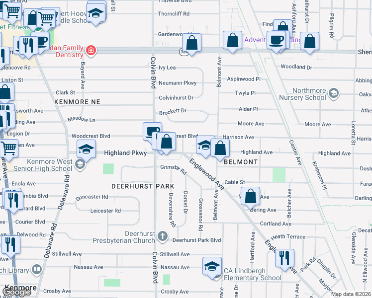 map of restaurants, bars, coffee shops, grocery stores, and more near 245 Woodcrest Boulevard in Buffalo