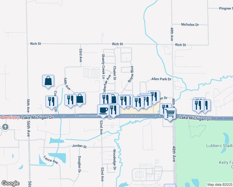 map of restaurants, bars, coffee shops, grocery stores, and more near 11324 Chalet Street in Allendale Charter Township