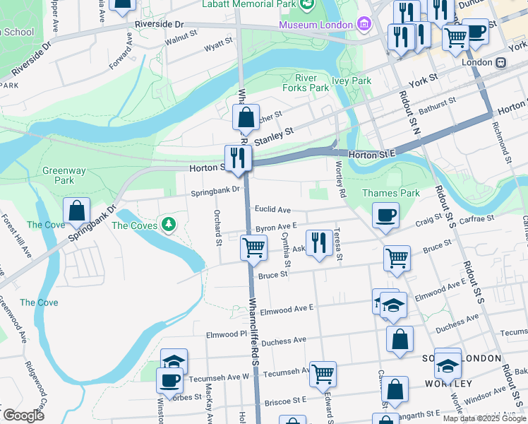 map of restaurants, bars, coffee shops, grocery stores, and more near 15 Euclid Avenue in London