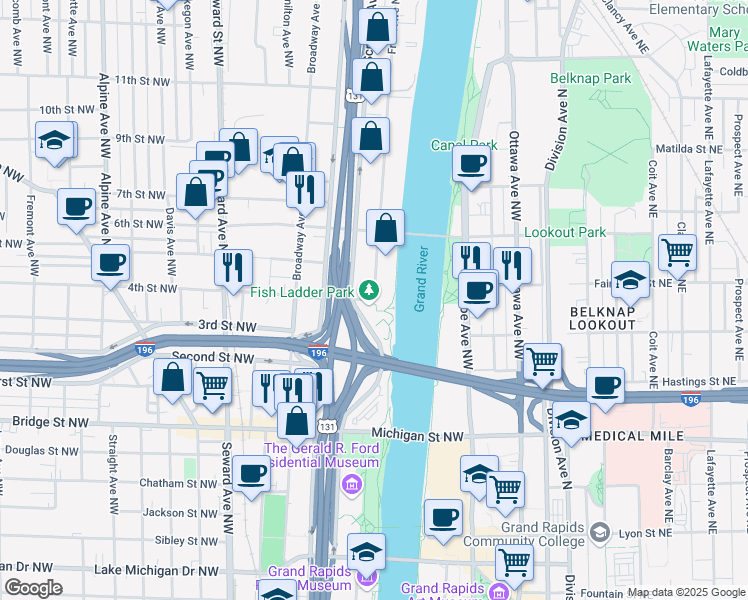 map of restaurants, bars, coffee shops, grocery stores, and more near 600 Front Avenue Northwest in Grand Rapids