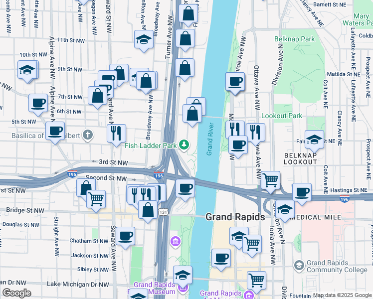 map of restaurants, bars, coffee shops, grocery stores, and more near 600 Front Avenue Northwest in Grand Rapids