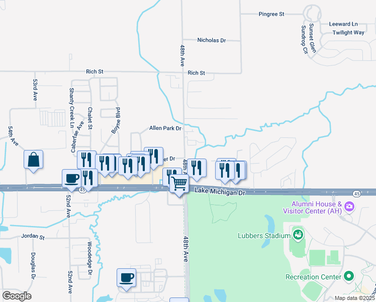 map of restaurants, bars, coffee shops, grocery stores, and more near 11334 48th Avenue in Allendale Charter Township