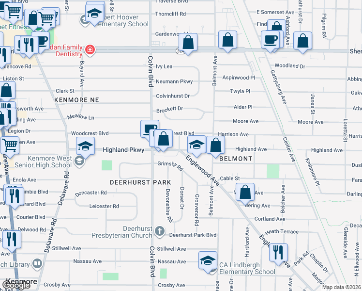 map of restaurants, bars, coffee shops, grocery stores, and more near 266 Highland Parkway in Buffalo