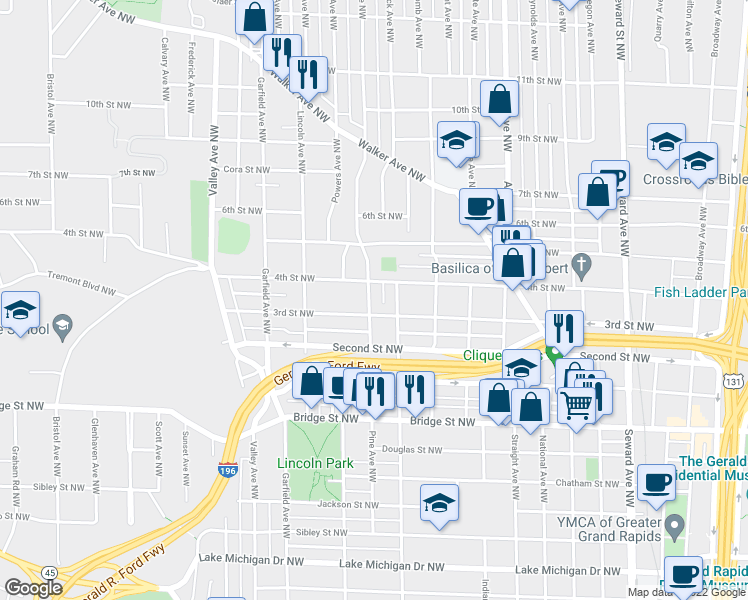 map of restaurants, bars, coffee shops, grocery stores, and more near 616 Pine Avenue Northwest in Grand Rapids