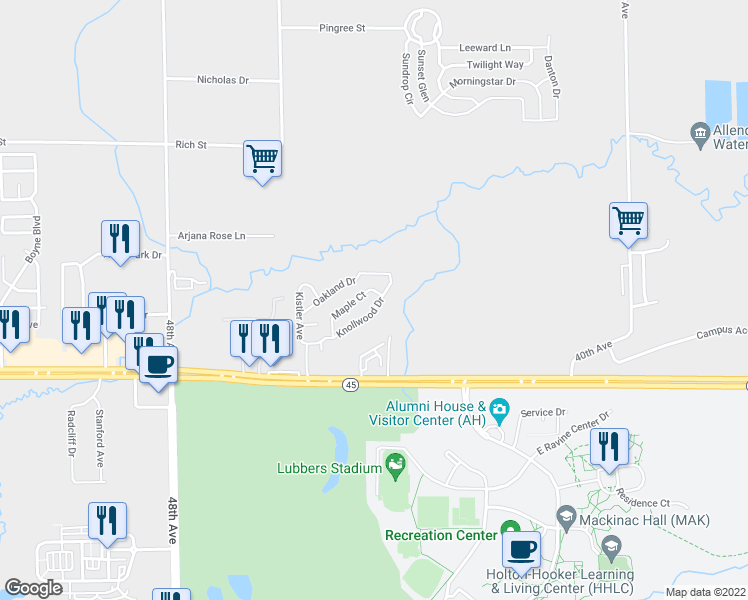 map of restaurants, bars, coffee shops, grocery stores, and more near 4555 Knollwood Drive in Allendale Charter Township