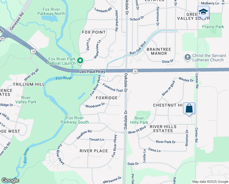 map of restaurants, bars, coffee shops, grocery stores, and more near 1213 Foxwood Trail in Waukesha