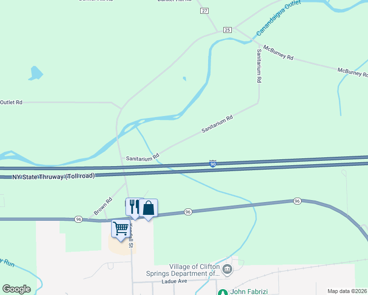 map of restaurants, bars, coffee shops, grocery stores, and more near 2659 Sanitarium Road in Clifton Springs
