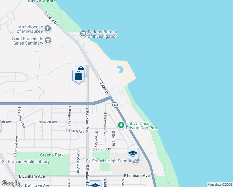 map of restaurants, bars, coffee shops, grocery stores, and more near 3840 South Lake Drive in Saint Francis