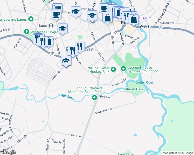 map of restaurants, bars, coffee shops, grocery stores, and more near 42 Pine Street in Exeter