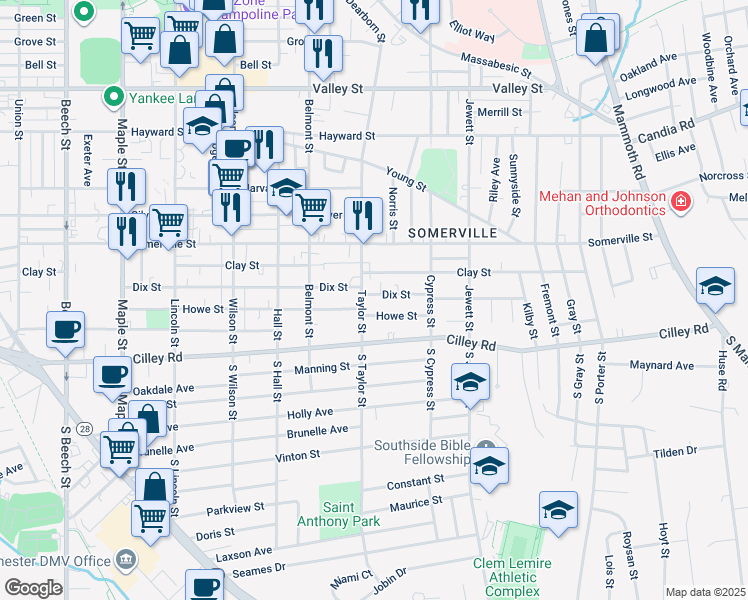 map of restaurants, bars, coffee shops, grocery stores, and more near 820 Dix Street in Manchester