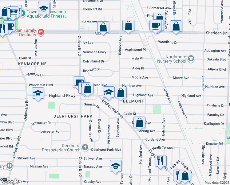 map of restaurants, bars, coffee shops, grocery stores, and more near 329 Woodcrest Boulevard in Buffalo