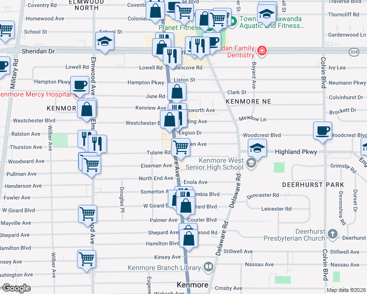 map of restaurants, bars, coffee shops, grocery stores, and more near 3333 Delaware Avenue in Buffalo