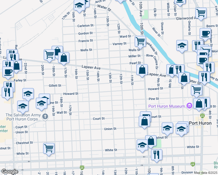 map of restaurants, bars, coffee shops, grocery stores, and more near 1320 Gillett Street in Port Huron