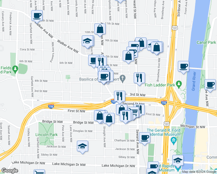 map of restaurants, bars, coffee shops, grocery stores, and more near in Grand Rapids