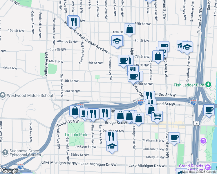 map of restaurants, bars, coffee shops, grocery stores, and more near 922 4th Street Northwest in Grand Rapids