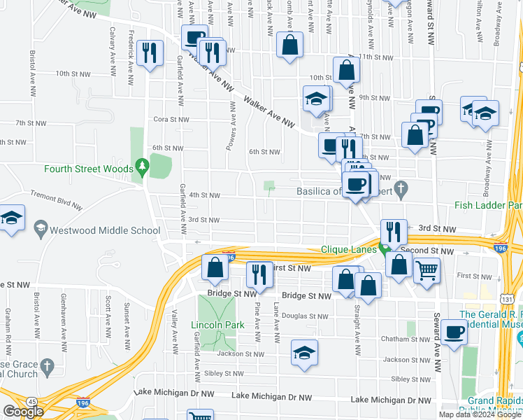 map of restaurants, bars, coffee shops, grocery stores, and more near 626 Pine Avenue Northwest in Grand Rapids