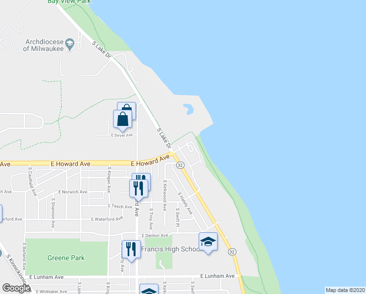 map of restaurants, bars, coffee shops, grocery stores, and more near 3840 South Lake Drive in Saint Francis