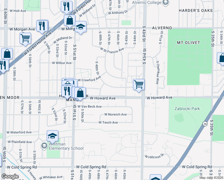 map of restaurants, bars, coffee shops, grocery stores, and more near 4604 West Tripoli Avenue in Milwaukee