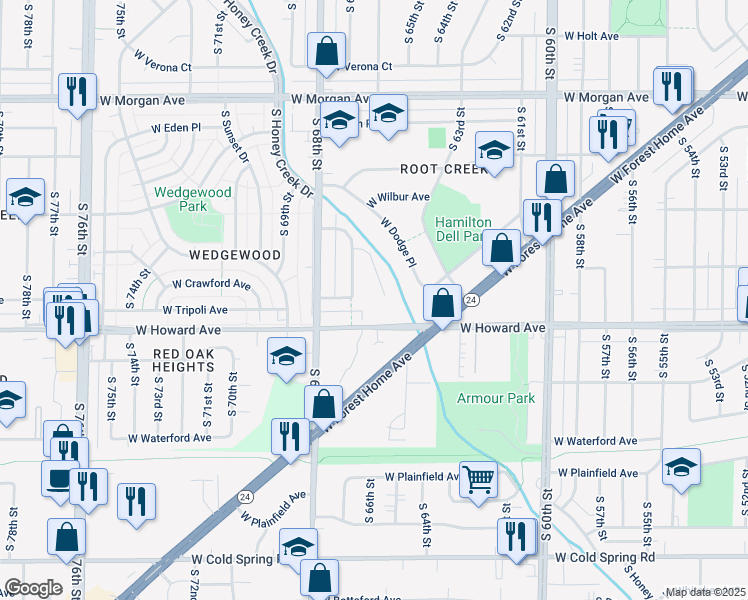 map of restaurants, bars, coffee shops, grocery stores, and more near 3824 South 67th Street in Milwaukee