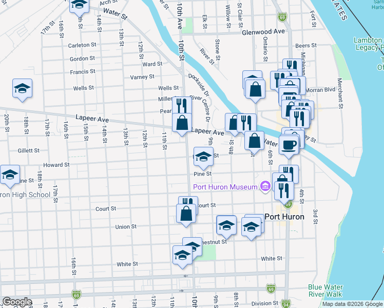 map of restaurants, bars, coffee shops, grocery stores, and more near 812 10th Street in Port Huron
