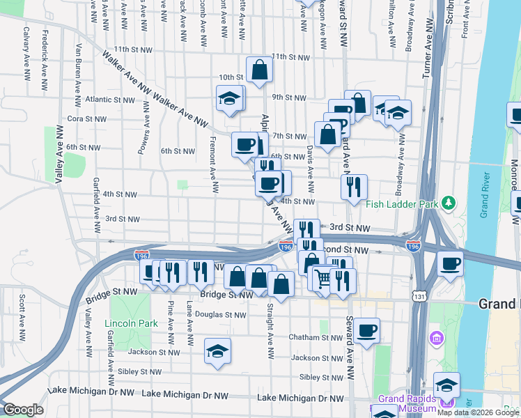 map of restaurants, bars, coffee shops, grocery stores, and more near 621 Milwaukee Avenue Northwest in Grand Rapids
