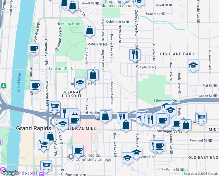 map of restaurants, bars, coffee shops, grocery stores, and more near 642 Prospect Avenue Northeast in Grand Rapids
