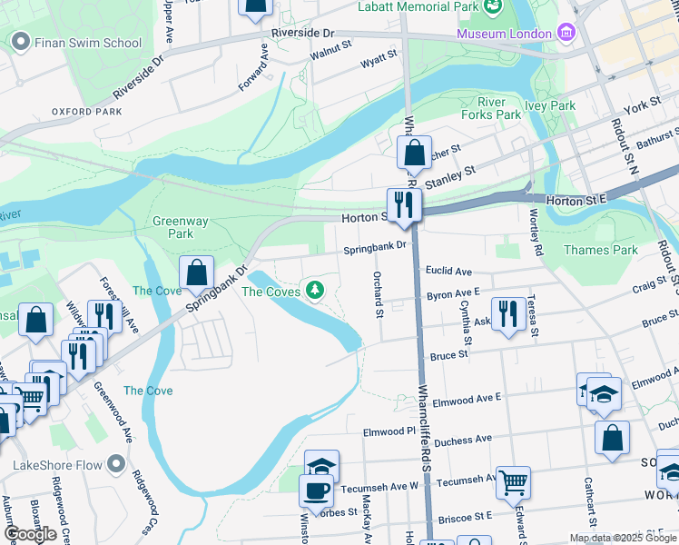 map of restaurants, bars, coffee shops, grocery stores, and more near McAlpine Avenue in London