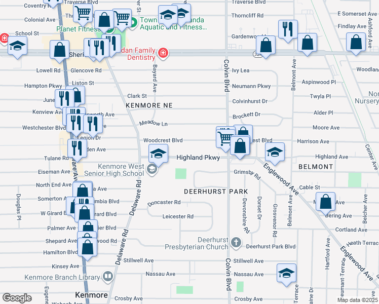 map of restaurants, bars, coffee shops, grocery stores, and more near 133 Woodcrest Boulevard in Buffalo