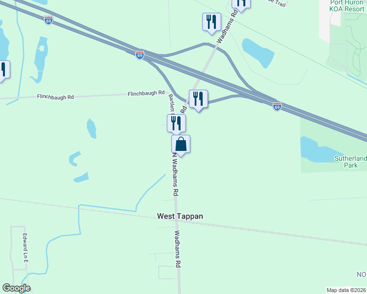 map of restaurants, bars, coffee shops, grocery stores, and more near 2386 Wadhams Road in Smiths Creek