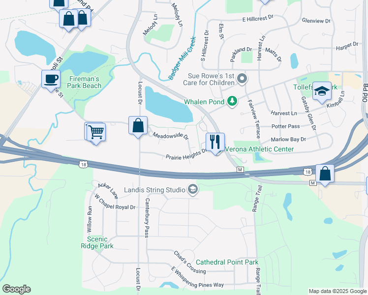 map of restaurants, bars, coffee shops, grocery stores, and more near 321 Meadowside Drive in Verona