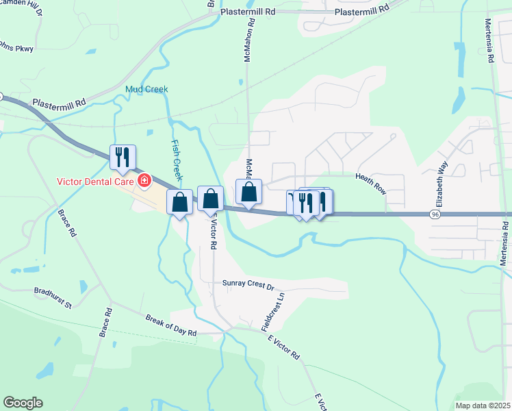 map of restaurants, bars, coffee shops, grocery stores, and more near 6424 New York 96 in Victor