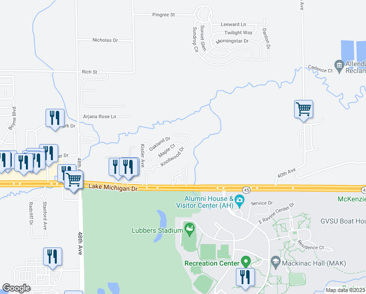 map of restaurants, bars, coffee shops, grocery stores, and more near 4562 Knollwood Drive in Allendale Charter Township