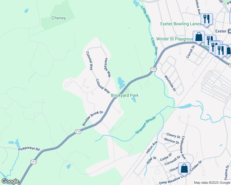 map of restaurants, bars, coffee shops, grocery stores, and more near 1 Colonial Way in Exeter