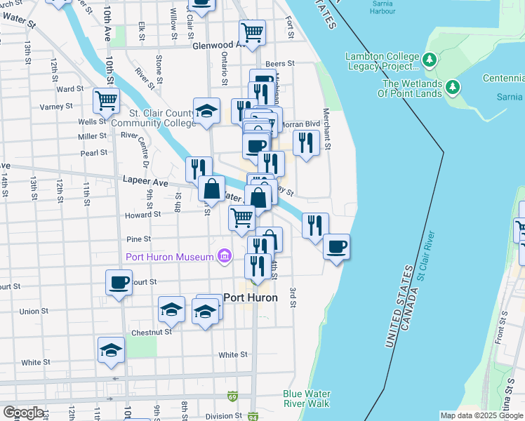 map of restaurants, bars, coffee shops, grocery stores, and more near 361-427 Water St in Port Huron