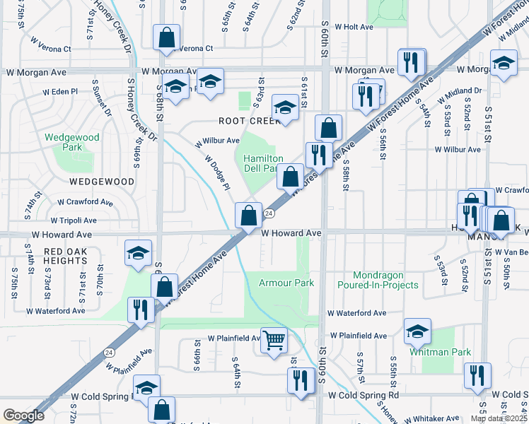 map of restaurants, bars, coffee shops, grocery stores, and more near 5325 South 63rd Street in Milwaukee
