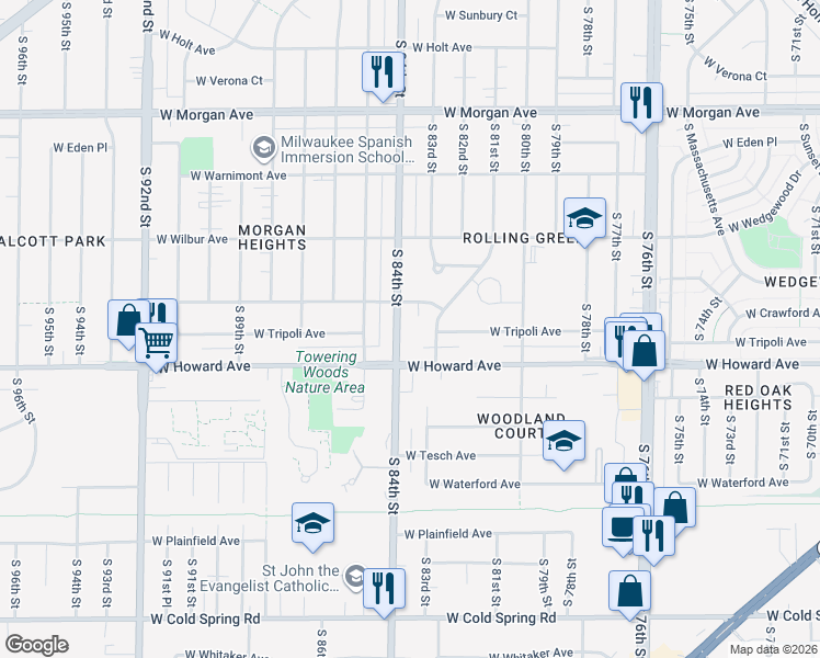 map of restaurants, bars, coffee shops, grocery stores, and more near 3817 South 83rd Street in Milwaukee