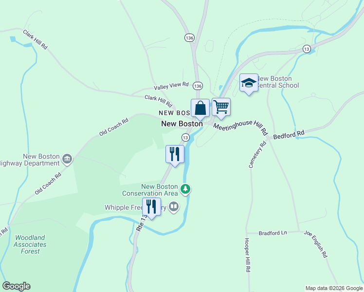map of restaurants, bars, coffee shops, grocery stores, and more near 21a Mont Vernon Road in New Boston