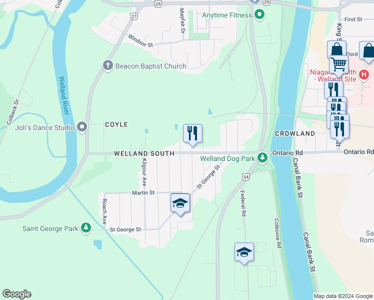 map of restaurants, bars, coffee shops, grocery stores, and more near 311 Broadway in Welland
