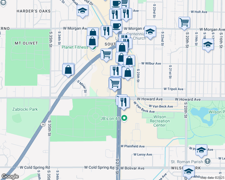 map of restaurants, bars, coffee shops, grocery stores, and more near 2720 West Howard Avenue in Milwaukee