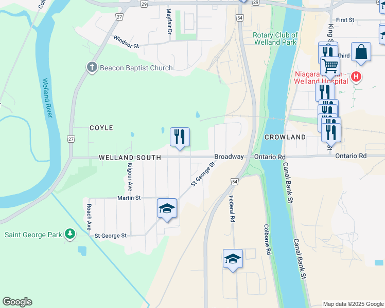 map of restaurants, bars, coffee shops, grocery stores, and more near 19 Perenack Avenue in Welland